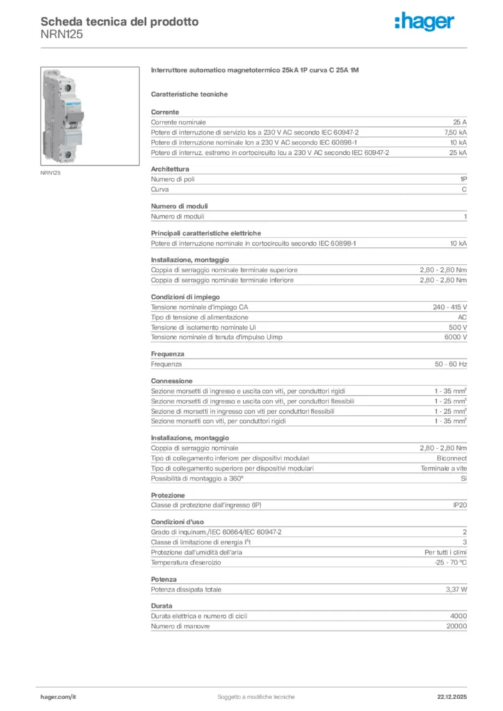Immagine Hager Scheda tecnica del prodotto NRN125 | Hager Italia