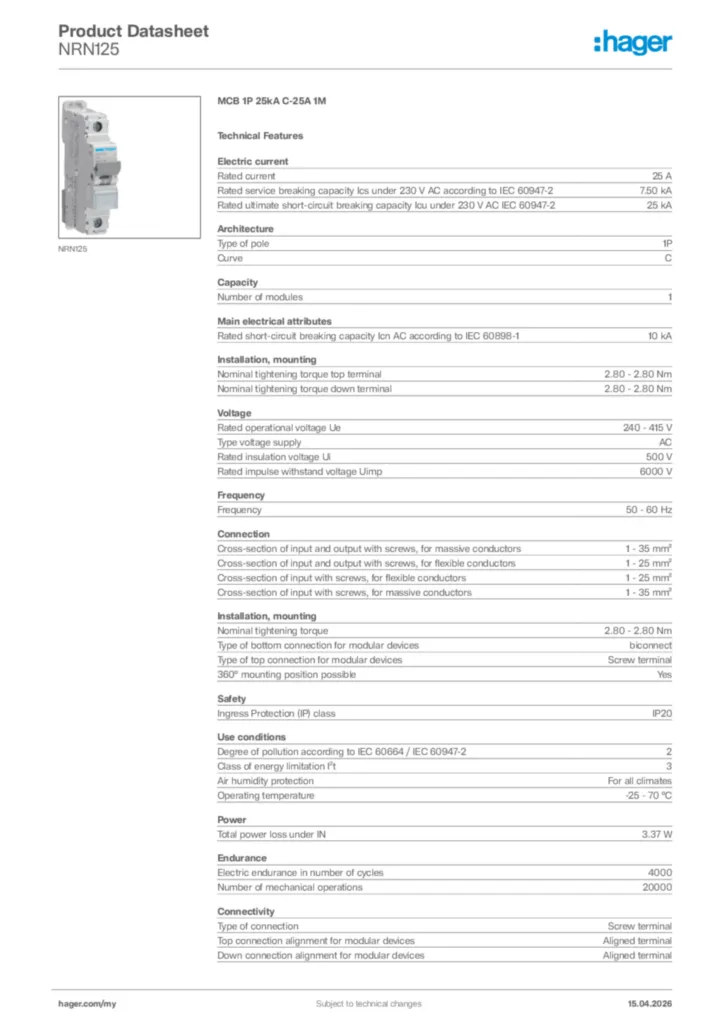 Image Hager Product data sheet NRN125  | Hager