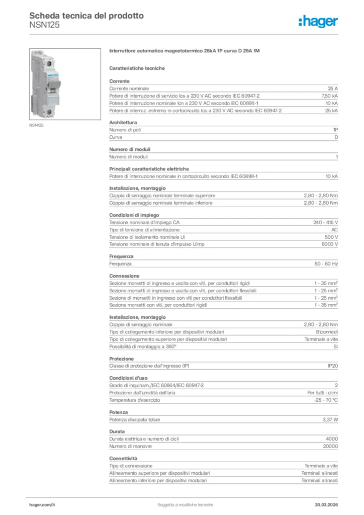 Immagine Hager Scheda tecnica del prodotto NSN125 | Hager Italia