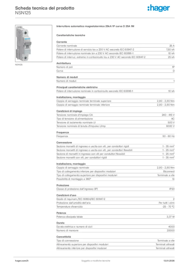Immagine Hager Scheda tecnica del prodotto NSN125 | Hager Italia
