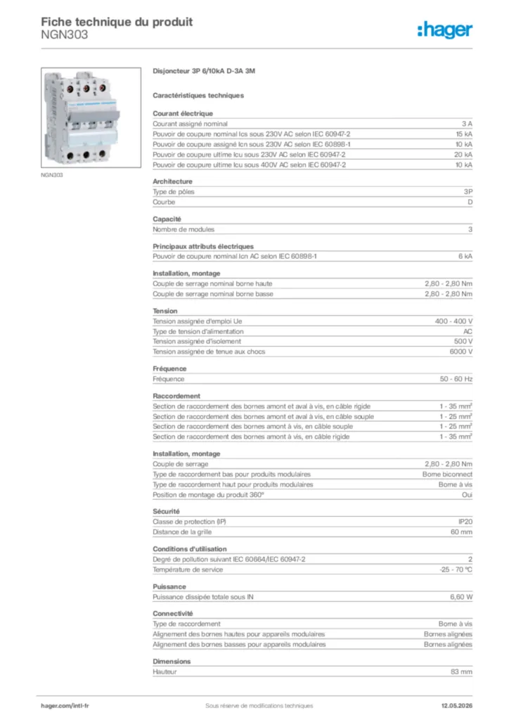 Image Hager Fiche technique du produit NGN303 | Hager Afrique