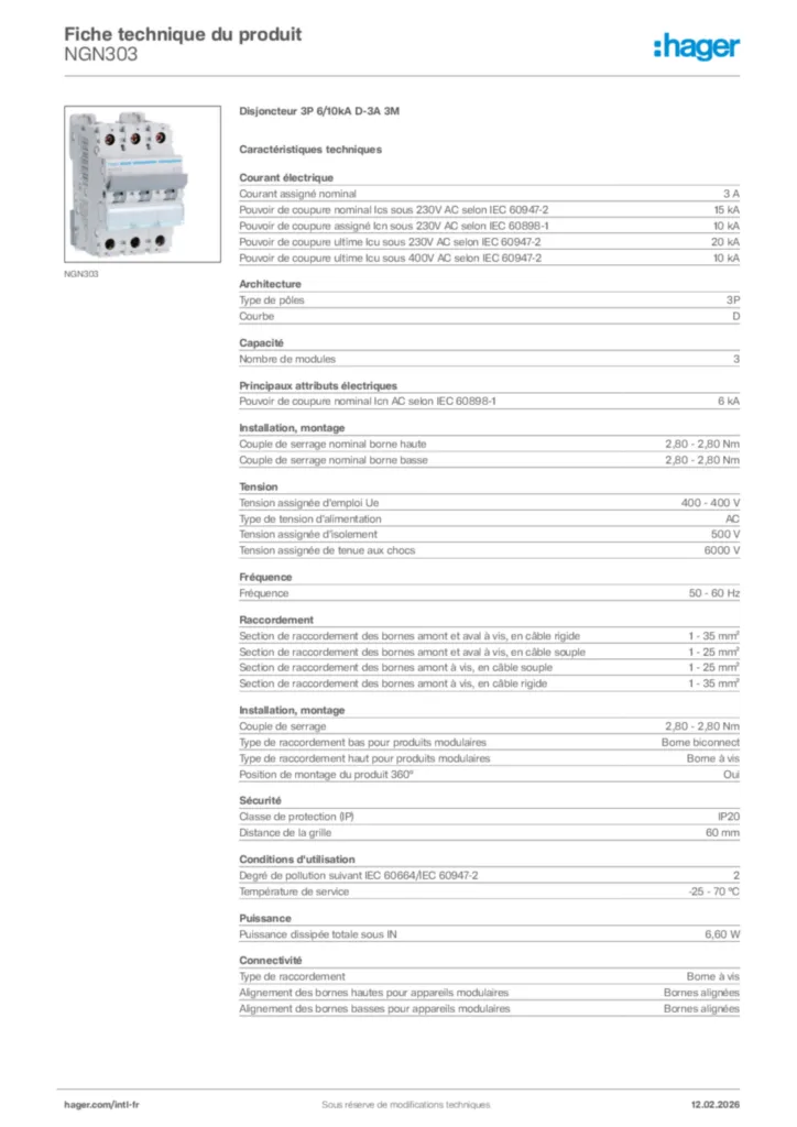 Image Hager Fiche technique du produit NGN303 | Hager Afrique