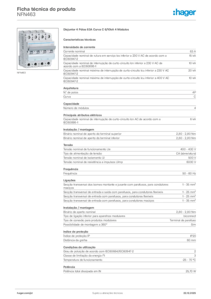 Imagem Hager Ficha técnica do produto NFN463 | Hager Portugal