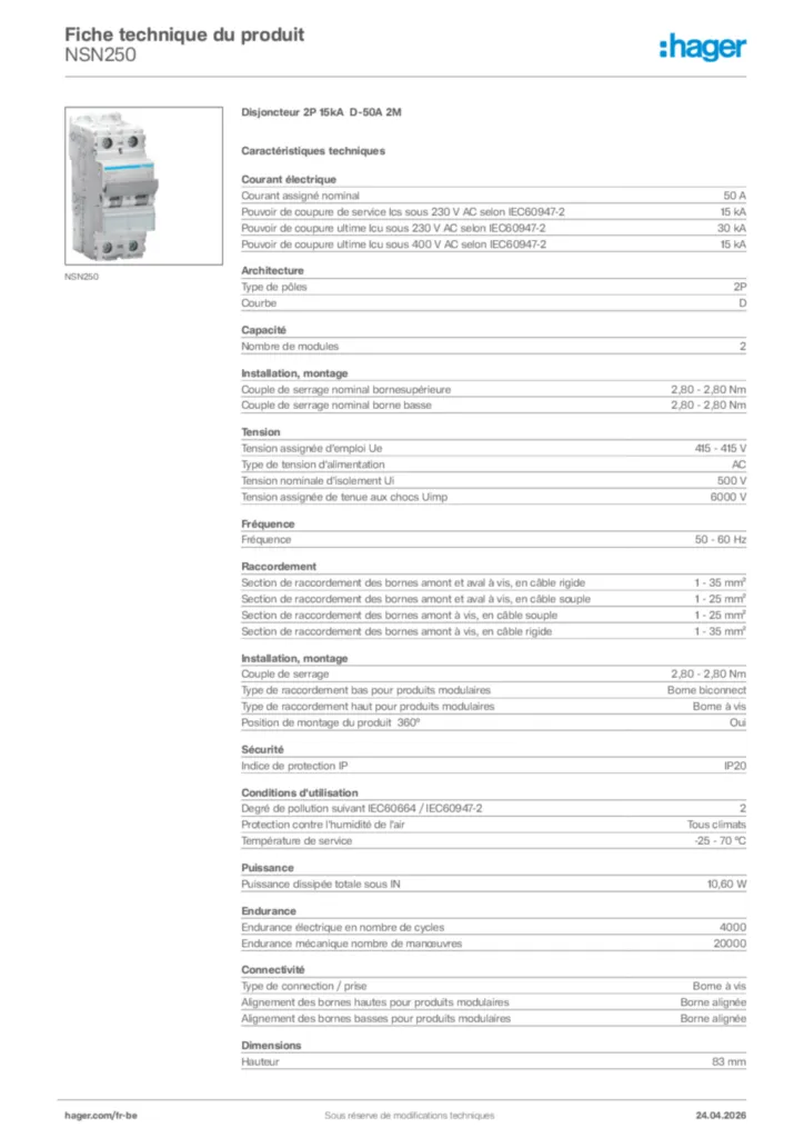 Image Hager Fiche technique du produit NSN250 | Hager Belgique