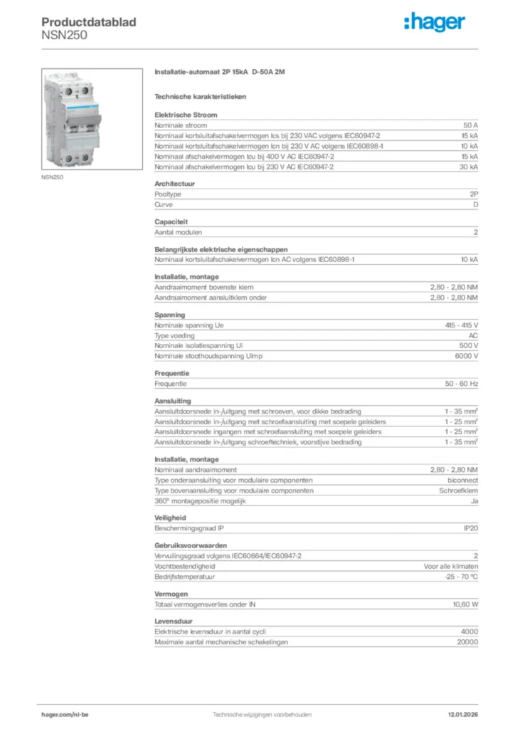 Afbeelding Hager Productdatablad NSN250 | Hager Belgium