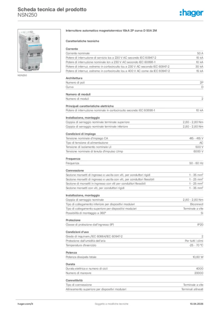 Immagine Hager Scheda tecnica del prodotto NSN250 | Hager Italia