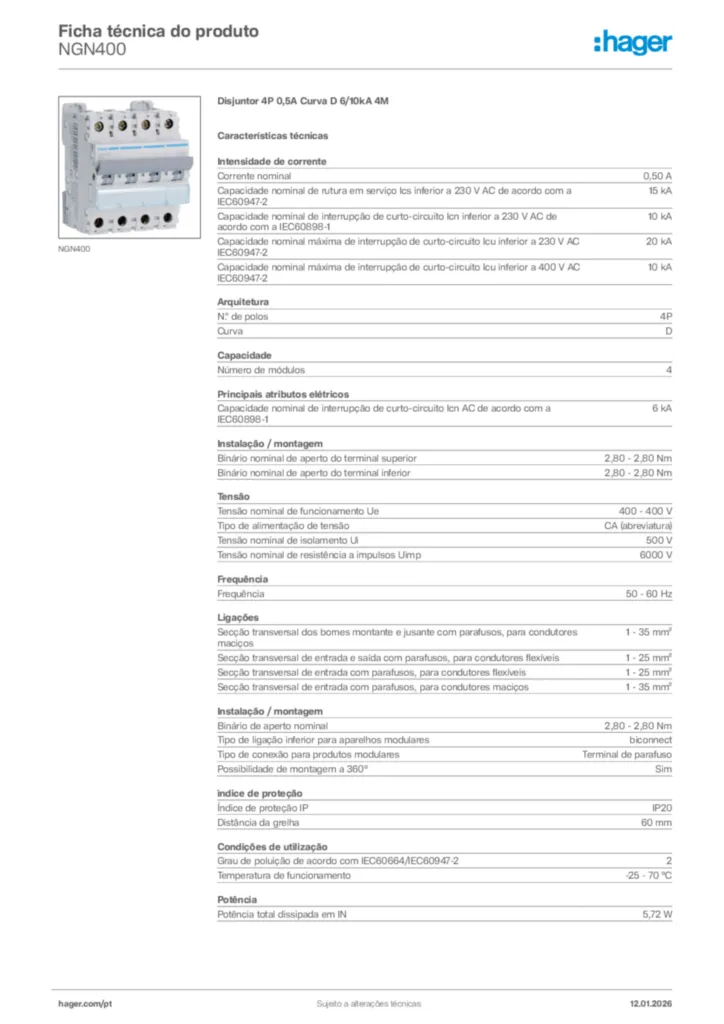 Imagem Hager Ficha técnica do produto NGN400 | Hager Portugal