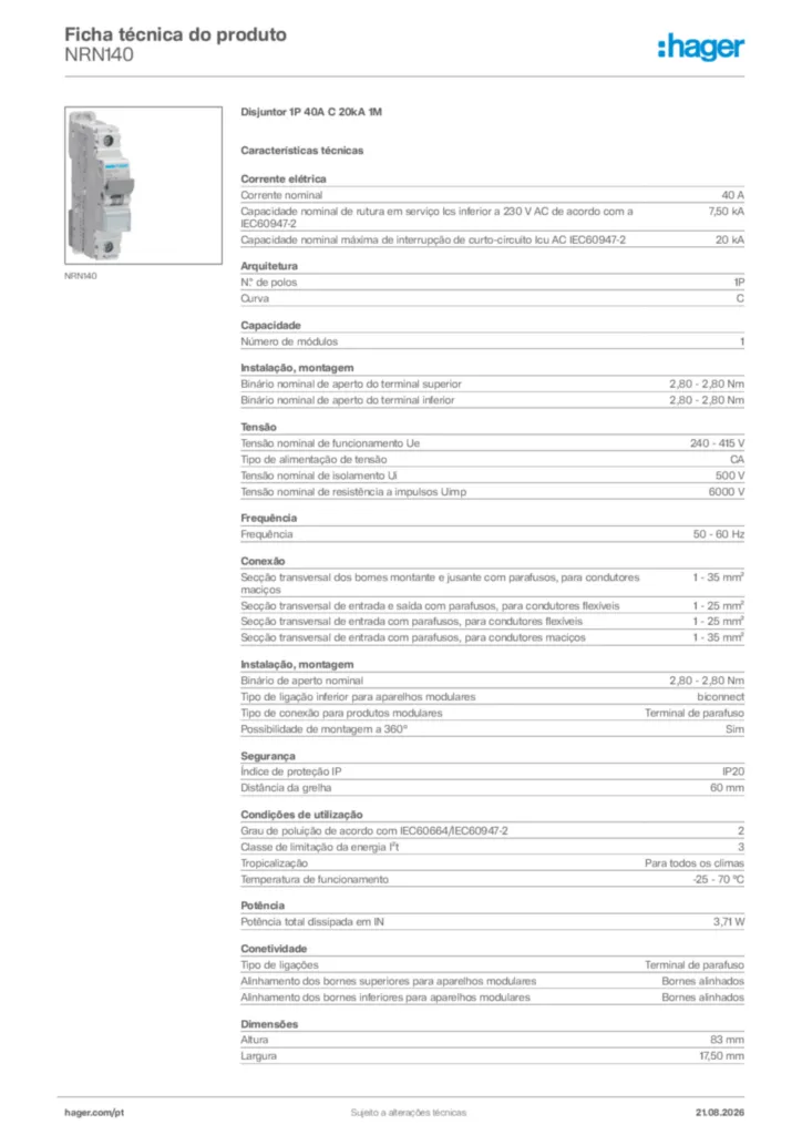 Imagem Hager Ficha técnica do produto NRN140 | Hager Portugal