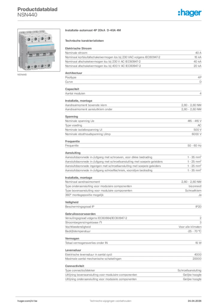 Afbeelding Hager Productdatablad NSN440 | Hager Belgium