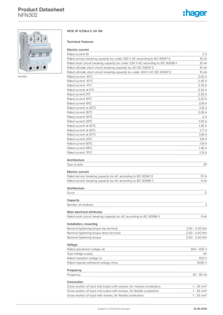 Image Hager Product data sheet NFN302  | Hager Africa