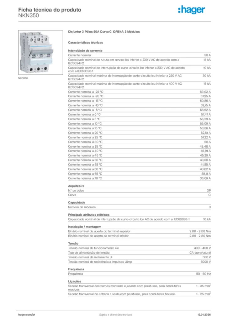 Imagem Hager Ficha técnica do produto NKN350 | Hager Portugal