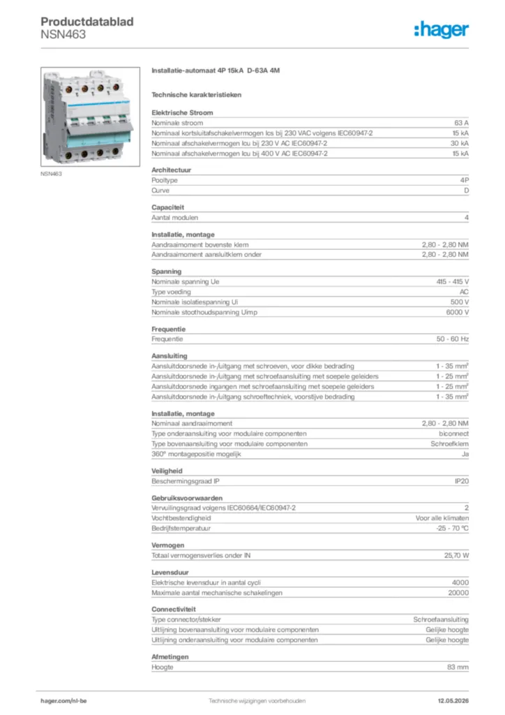 Afbeelding Hager Productdatablad NSN463 | Hager Belgium