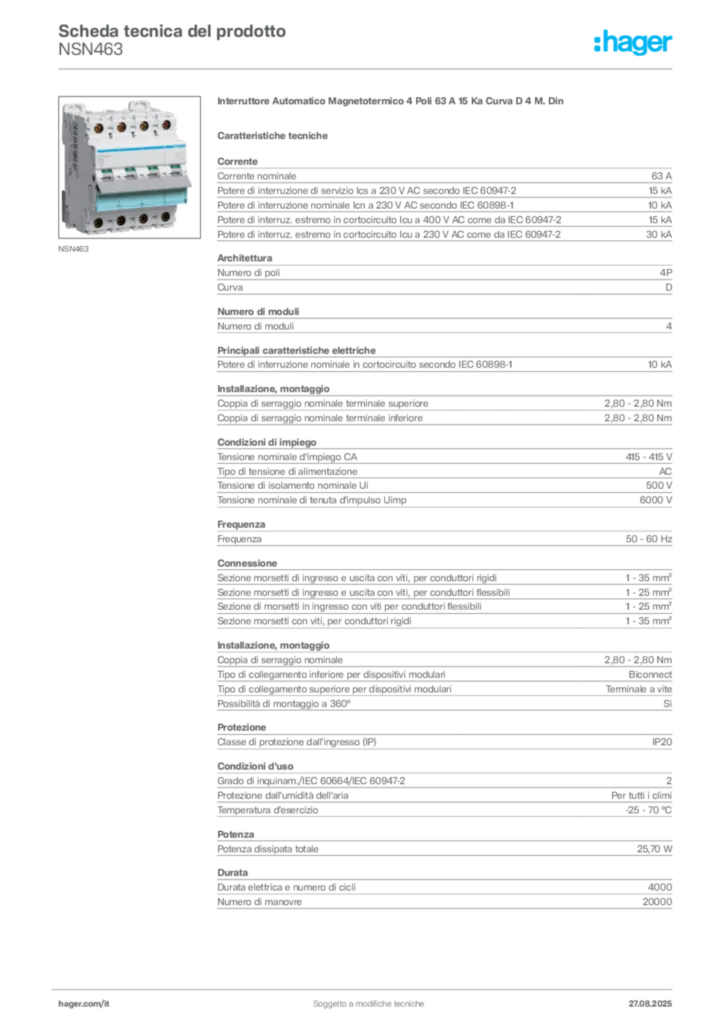 Immagine Hager Scheda tecnica del prodotto NSN463 | Hager Italia