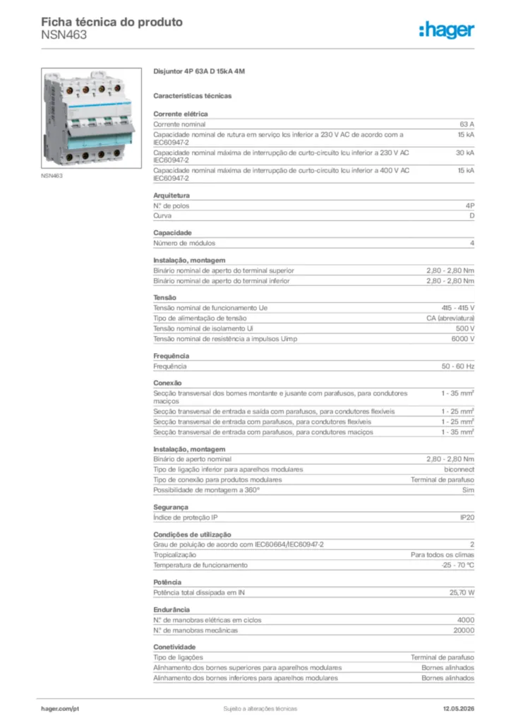 Imagem Hager Ficha técnica do produto NSN463 | Hager Portugal