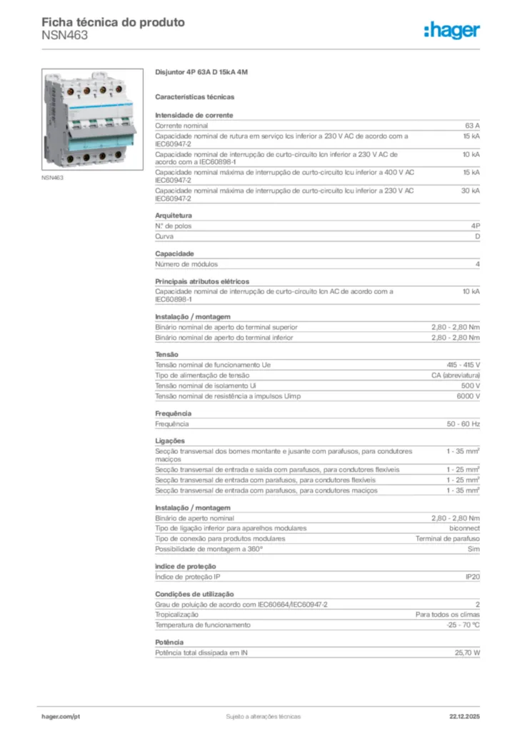 Imagem Hager Ficha técnica do produto NSN463 | Hager Portugal