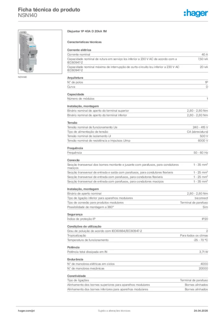 Imagem Hager Ficha técnica do produto NSN140 | Hager Portugal