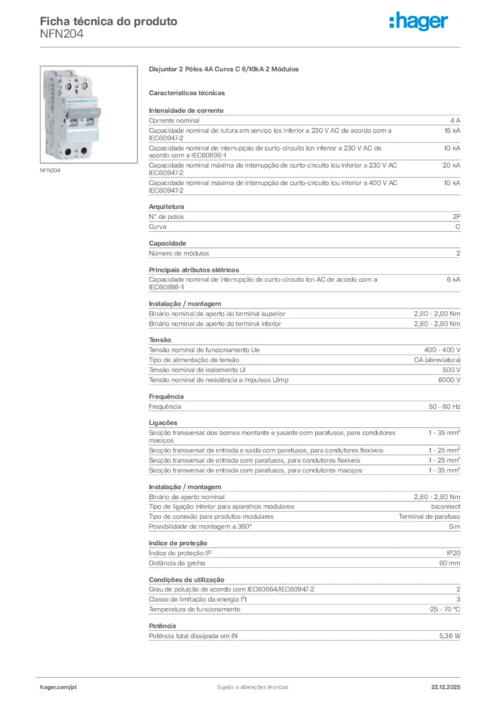 Imagem Hager Ficha técnica do produto NFN204 | Hager Portugal