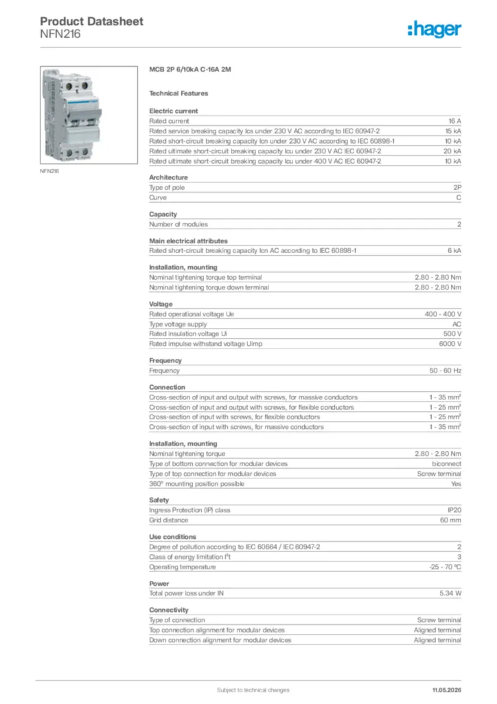 Image Hager Product data sheet NFN216  | Hager Africa