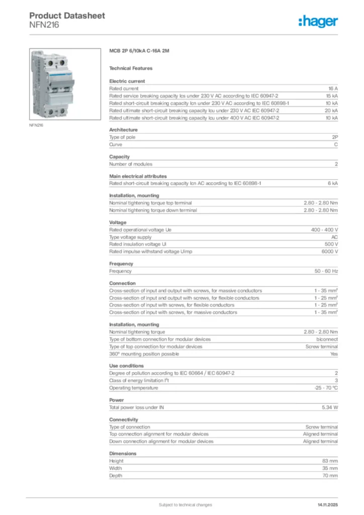 Image Hager Product data sheet NFN216  | Hager Africa