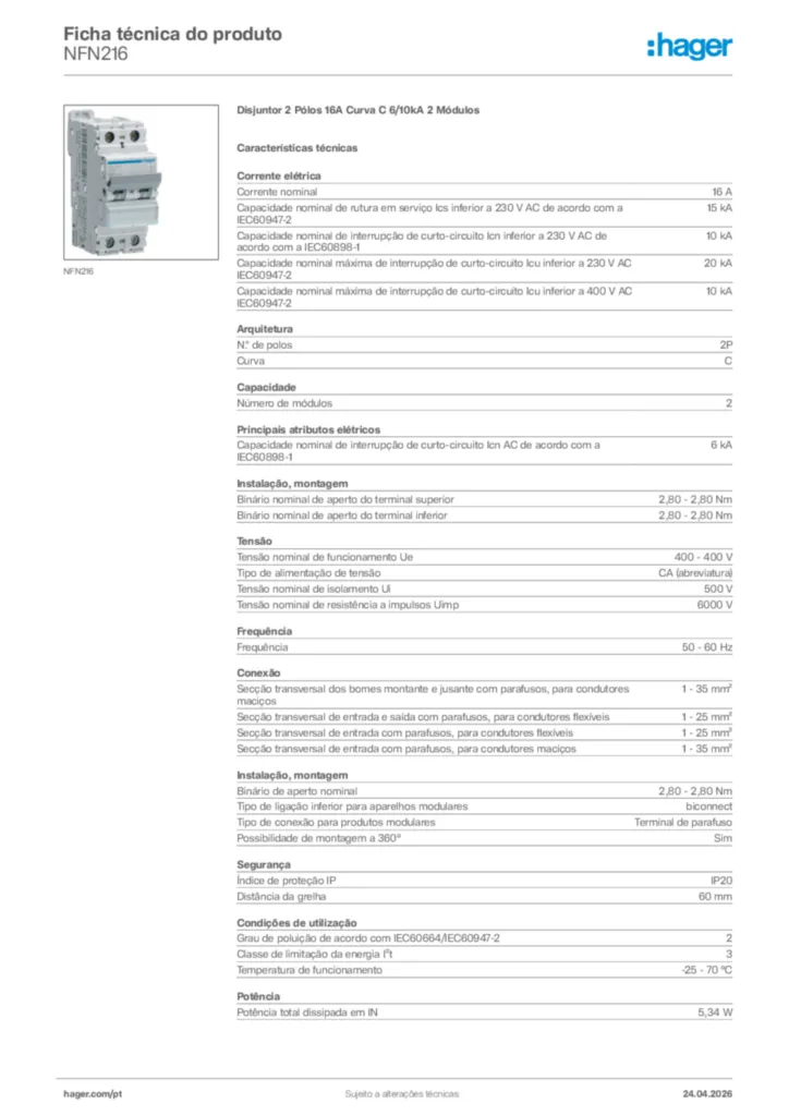 Imagem Hager Ficha técnica do produto NFN216 | Hager Portugal