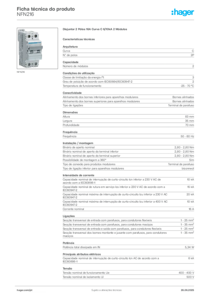 Imagem Hager Ficha técnica do produto NFN216 | Hager Portugal
