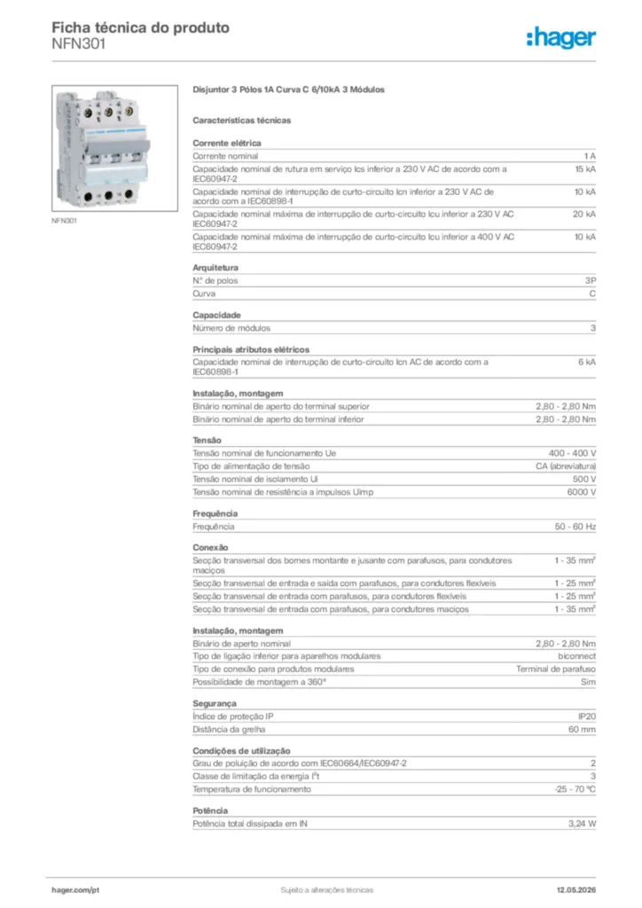 Imagem Hager Ficha técnica do produto NFN301 | Hager Portugal