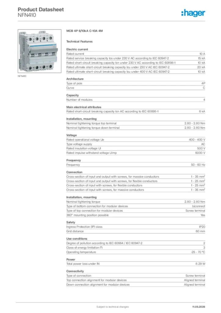 Image Hager Product data sheet NFN410  | Hager Africa