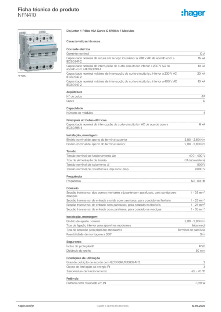 Imagem Hager Ficha técnica do produto NFN410 | Hager Portugal
