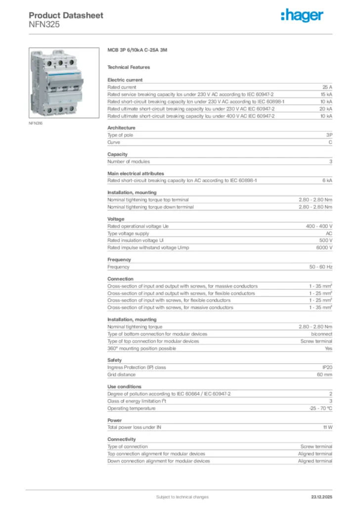 Image Hager Product data sheet NFN325  | Hager Africa