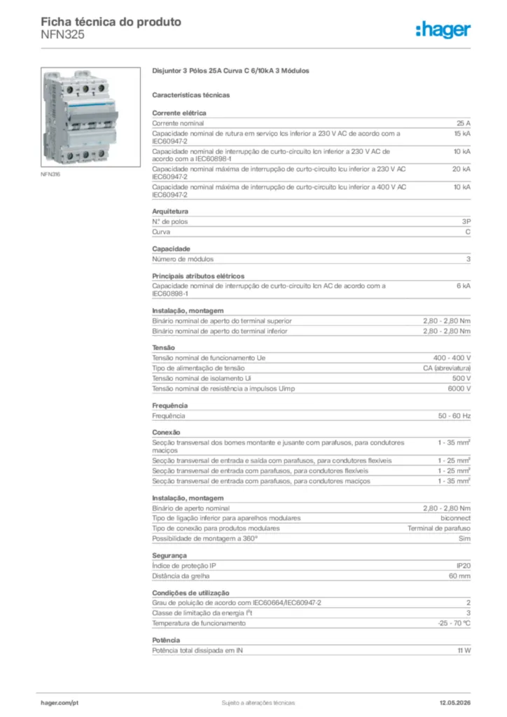 Imagem Hager Ficha técnica do produto NFN325 | Hager Portugal