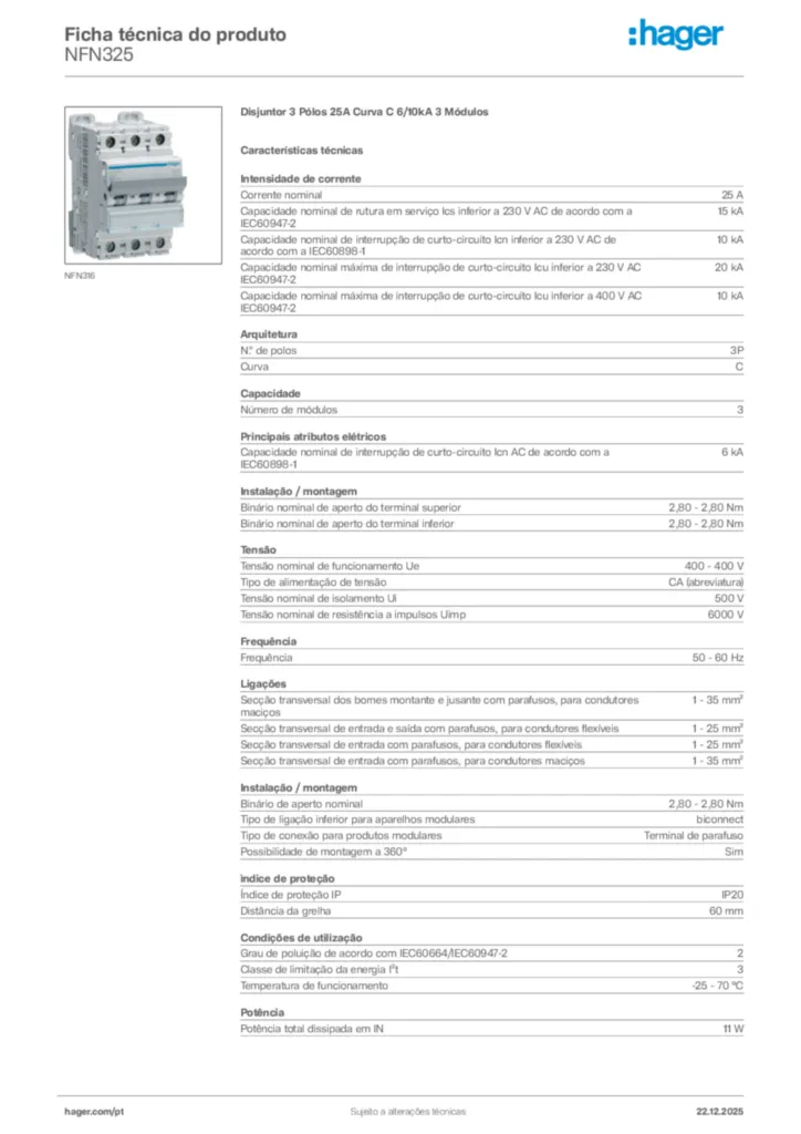 Imagem Hager Ficha técnica do produto NFN325 | Hager Portugal