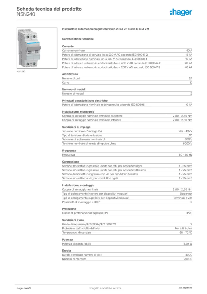 Immagine Hager Scheda tecnica del prodotto NSN240 | Hager Italia