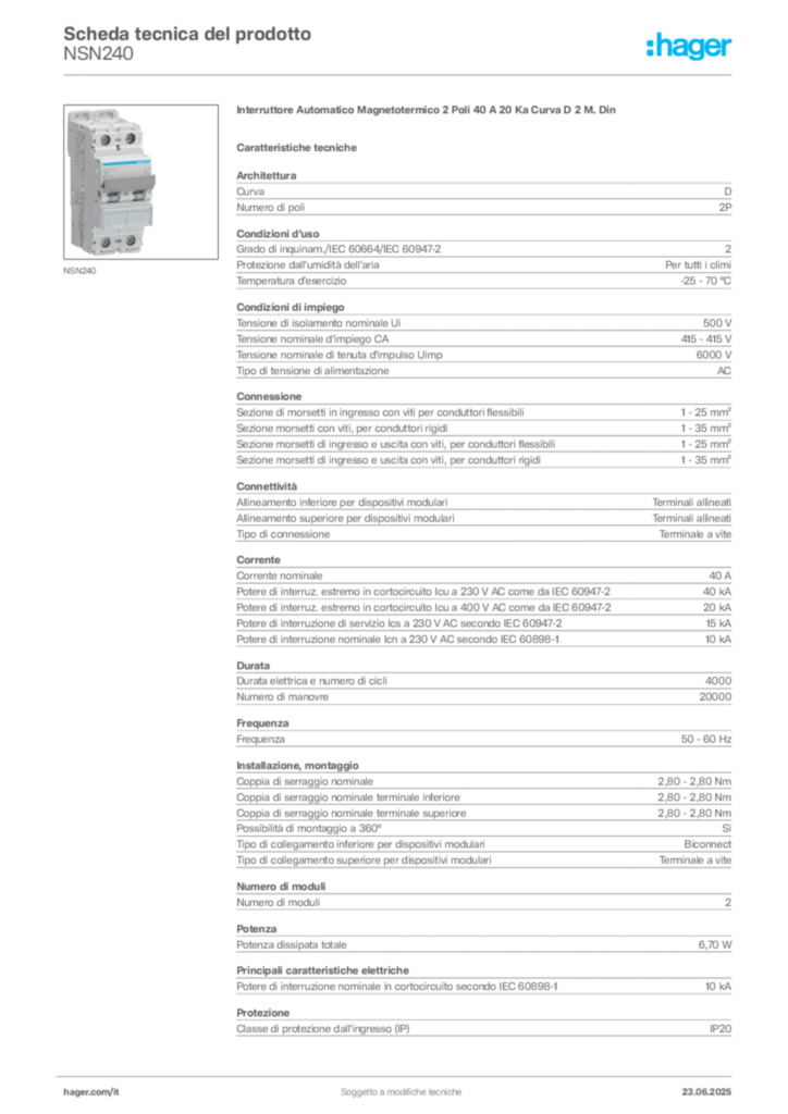 Immagine Hager Scheda tecnica del prodotto NSN240 | Hager Italia