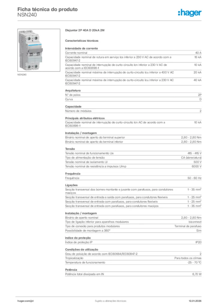 Imagem Hager Ficha técnica do produto NSN240 | Hager Portugal