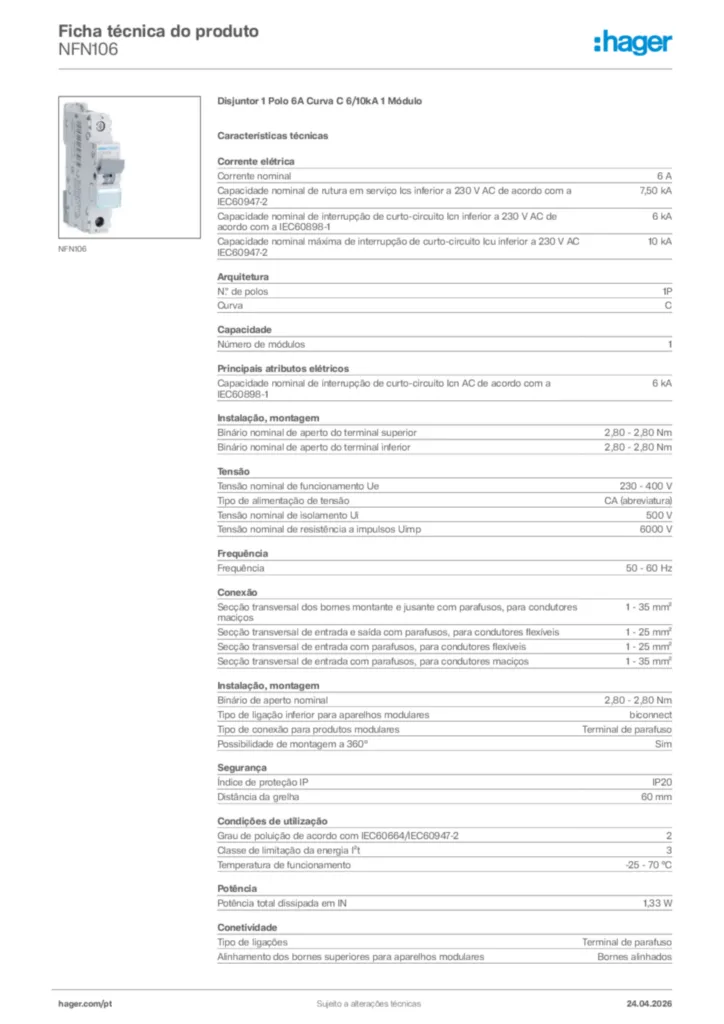Imagem Hager Ficha técnica do produto NFN106 | Hager Portugal