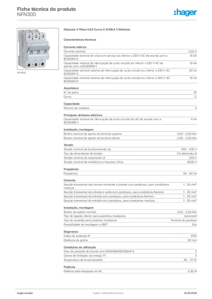 Imagem Hager Ficha técnica do produto NFN300 | Hager Portugal