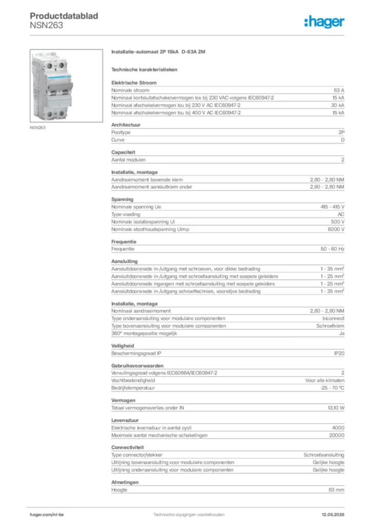 Afbeelding Hager Productdatablad NSN263 | Hager Belgium
