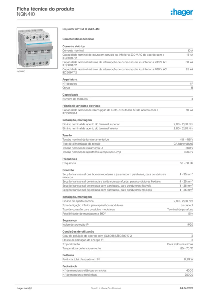 Imagem Hager Ficha técnica do produto NQN410 | Hager Portugal
