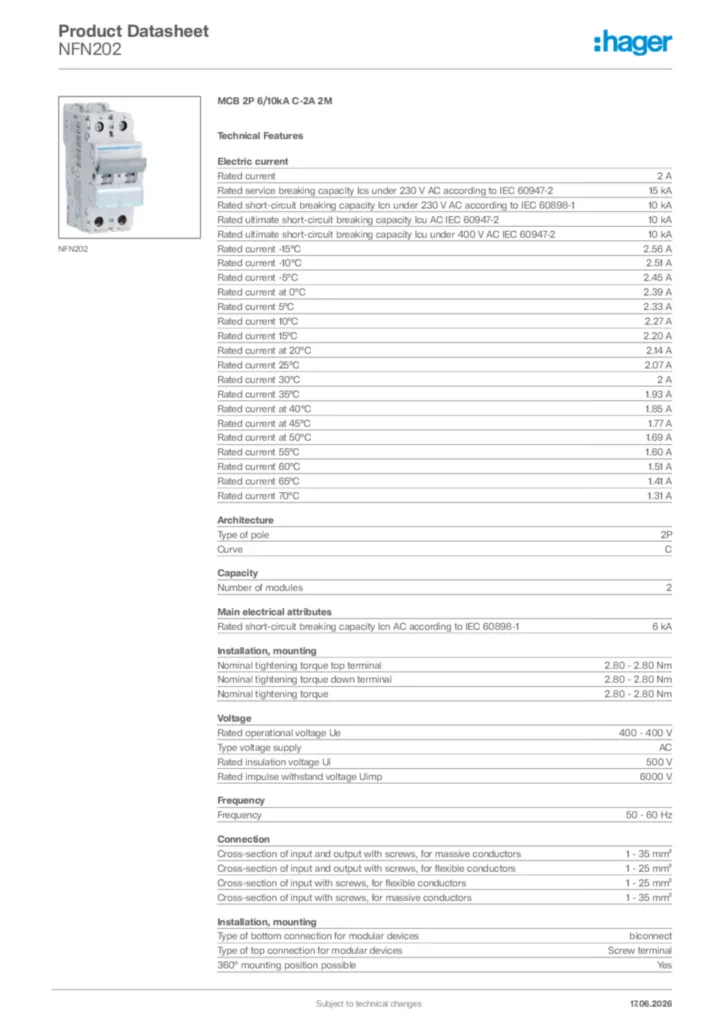 Image Hager Product data sheet NFN202  | Hager Africa