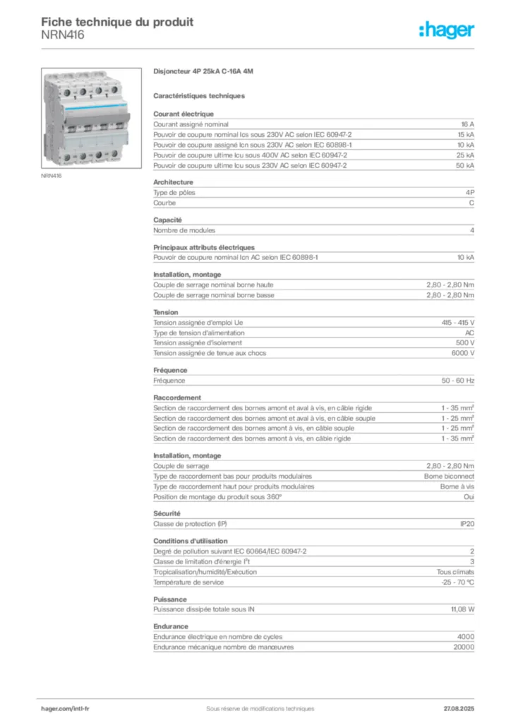 Image Hager Fiche technique du produit NRN416 | Hager Afrique