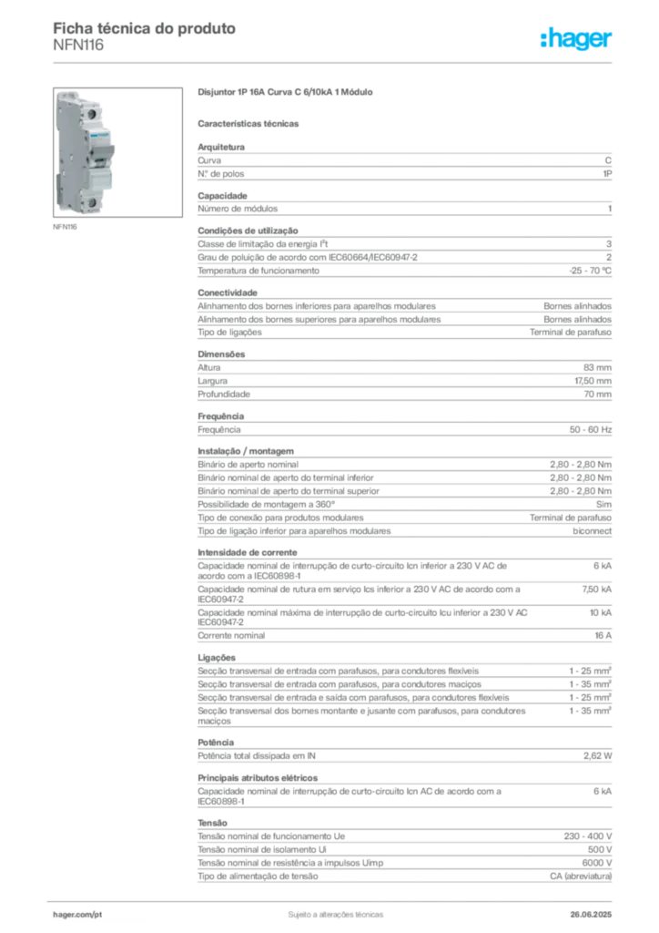 Imagem Hager Ficha técnica do produto NFN116 | Hager Portugal