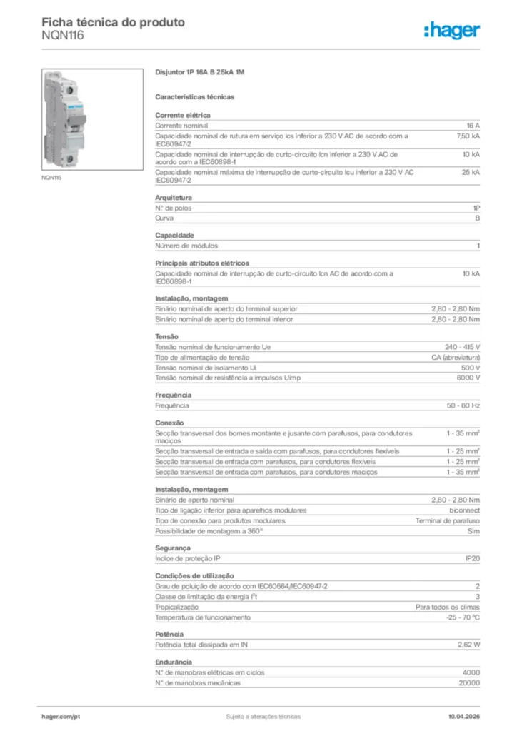 Imagem Hager Ficha técnica do produto NQN116 | Hager Portugal