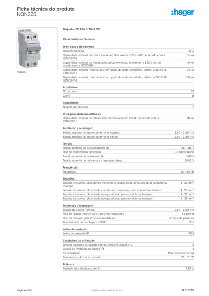 Imagem Hager Ficha técnica do produto NQN225 | Hager Portugal
