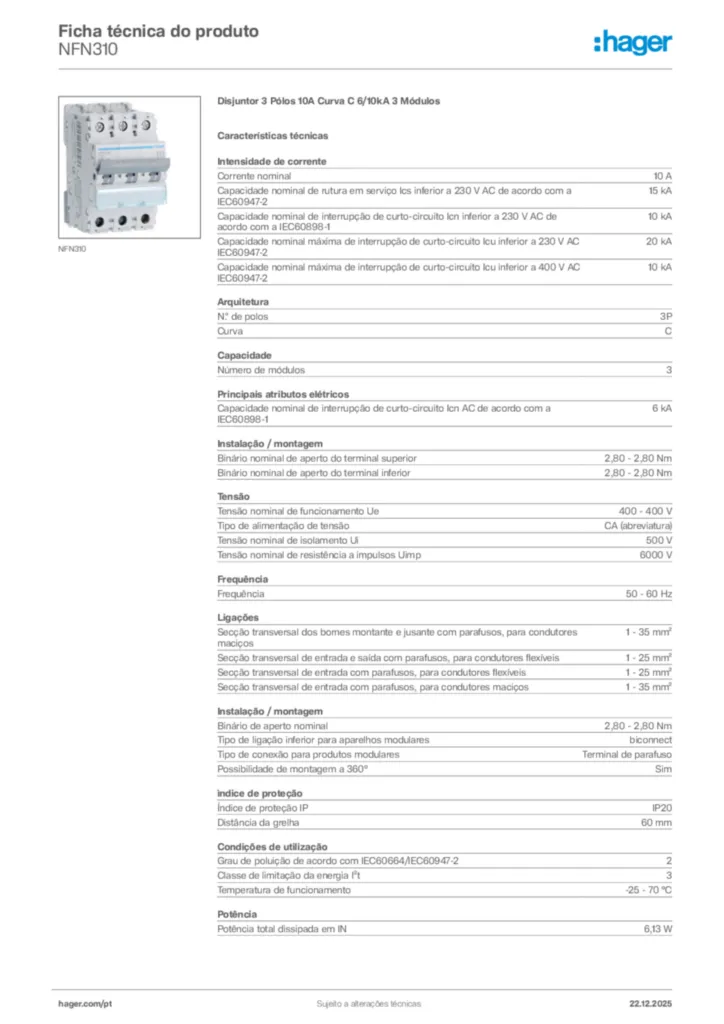 Imagem Hager Ficha técnica do produto NFN310 | Hager Portugal