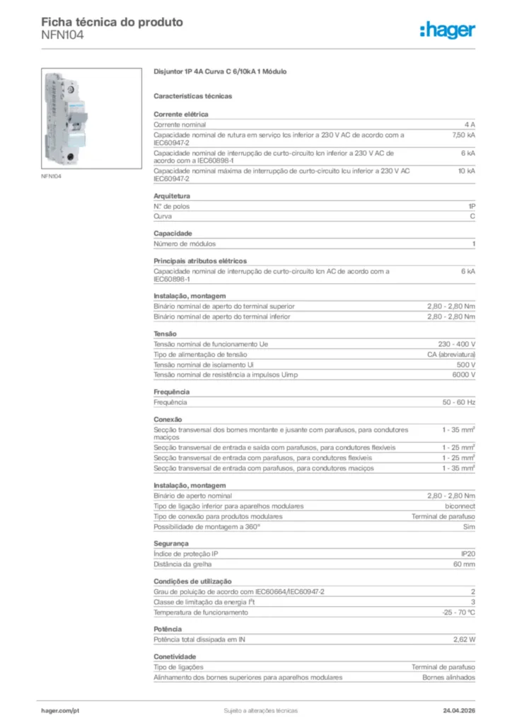 Imagem Hager Ficha técnica do produto NFN104 | Hager Portugal