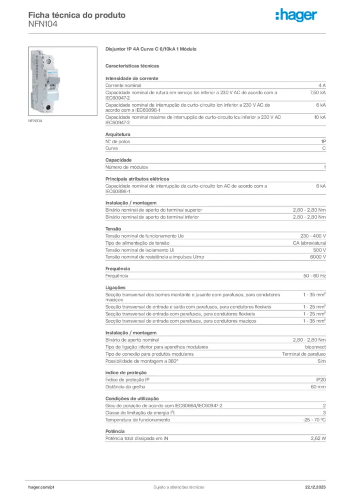 Imagem Hager Ficha técnica do produto NFN104 | Hager Portugal