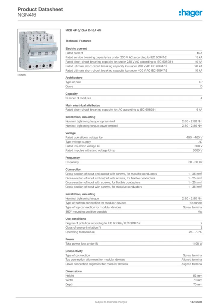 Image Hager Product data sheet NGN416  | Hager Africa