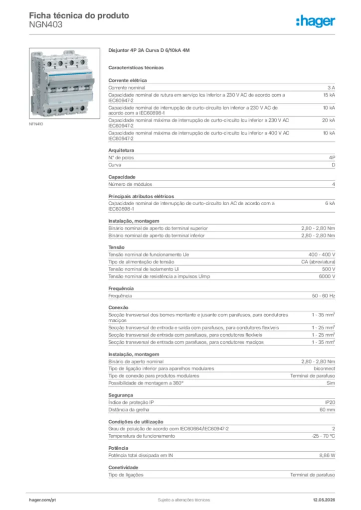 Imagem Hager Ficha técnica do produto NGN403 | Hager Portugal