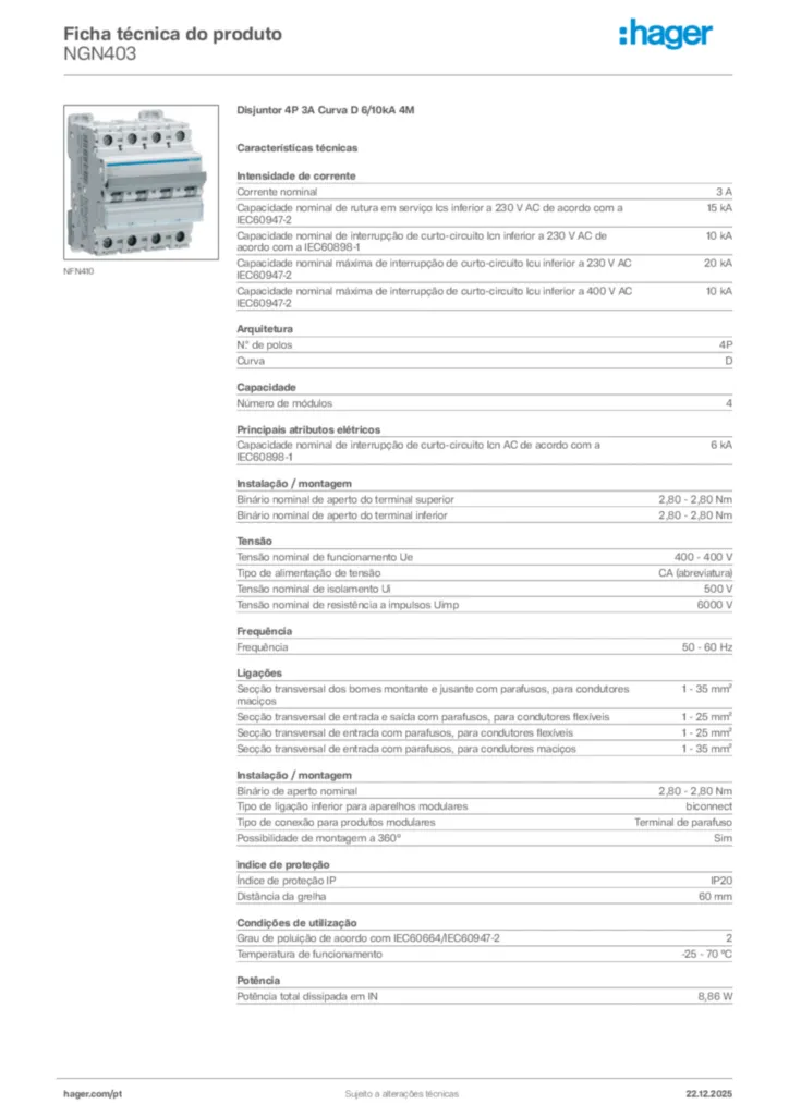 Imagem Hager Ficha técnica do produto NGN403 | Hager Portugal