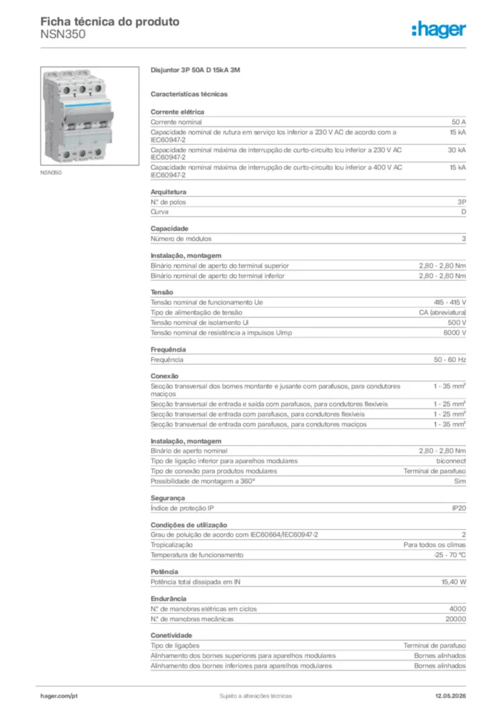 Imagem Hager Ficha técnica do produto NSN350 | Hager Portugal